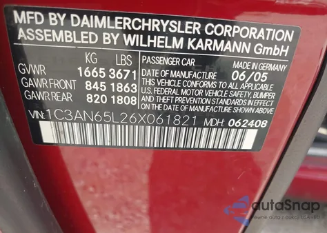 2006 Chrysler Crossfire Limited from USA, damaged, VIN 1C3AN65L26X061821